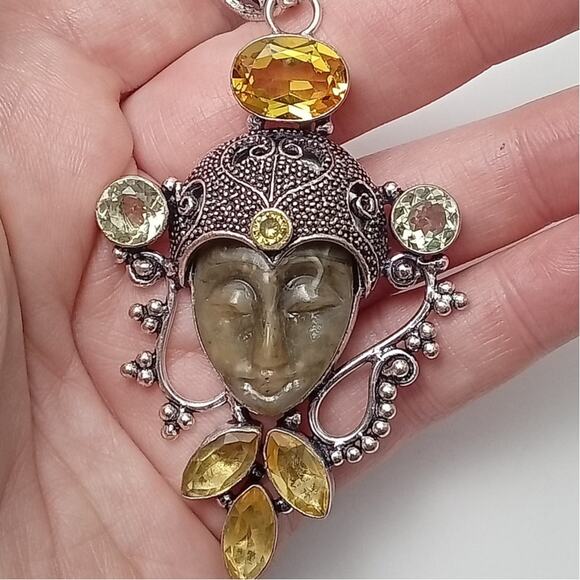 Sterling Silver Bali Goddess Pendant with Citrine and Prasiolite Gems - Picture 8 of 9
